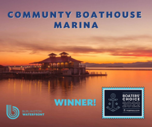 Photo of Community Boathouse at sunset, with graphics for Boater's Choice Winner 2022 badge