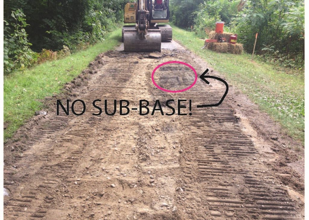 Asphalt is removed from the old path in the area just south of North Beach, revealing very little or no gravel sub base.