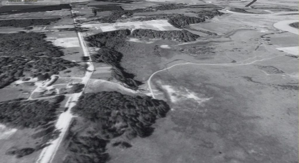 1937 aerial imagery and 3D-topography depicting old road cross-cutting the Arthur Park hillside.