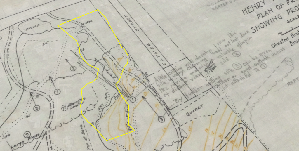 Olmsted Brothers 1914 neighborhood design plans depicting Crescent Woods (outlined in yellow). Courtesy of Frederick Law Olmsted National Historic Sit