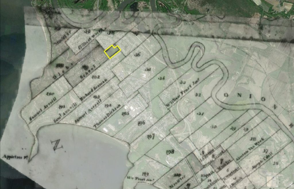 Location of today’s park (in yellow) oriented over the original 1790s survey of Burlington’s North End. 